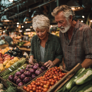 Старша пара готує здорову їжу разом на кухні